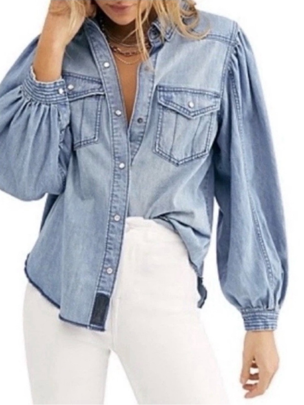 Free people We The Free snap front balloon sleeve denim shirt size XL